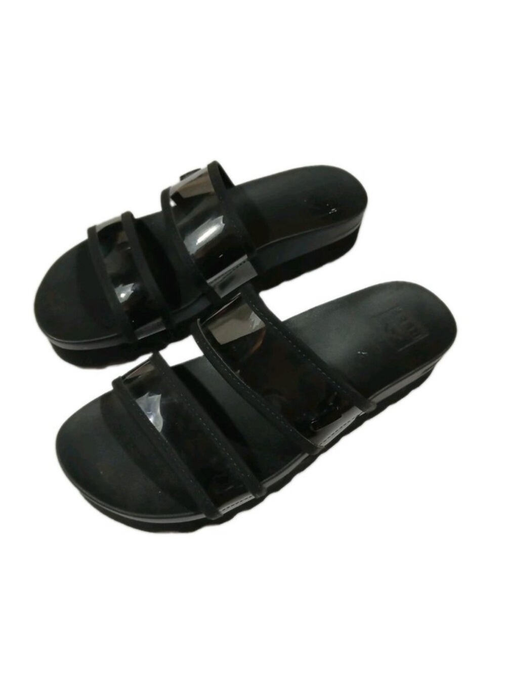 Reef Black Slide Sandals with Clear Triple Straps Size 7.5